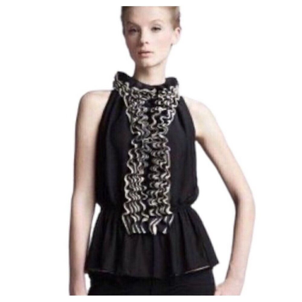 Robert Rodriguez Top Women XS Black Ruffle Lace Peplum Blouse Neiman Marcus Targ